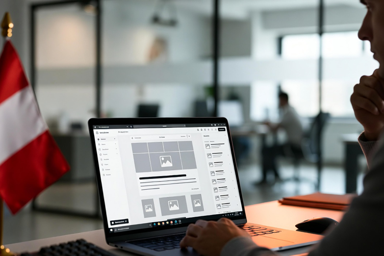 Espacio de trabajo profesional con computadora portátil que muestra el creador de sitios web en la pantalla, una persona pensando mientras compara opciones.
