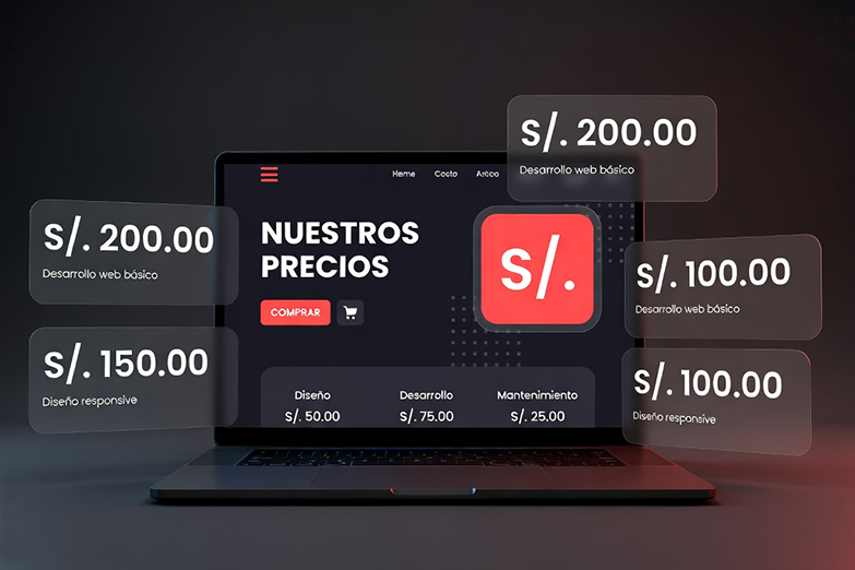 Laptop que muestra un sitio web sobre precios de dominios, hosting y desarrollo web.