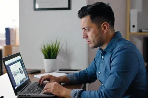 Persona emprendedora revisando su página web en una laptop leyendo mitos sobre crear páginas web en Perú